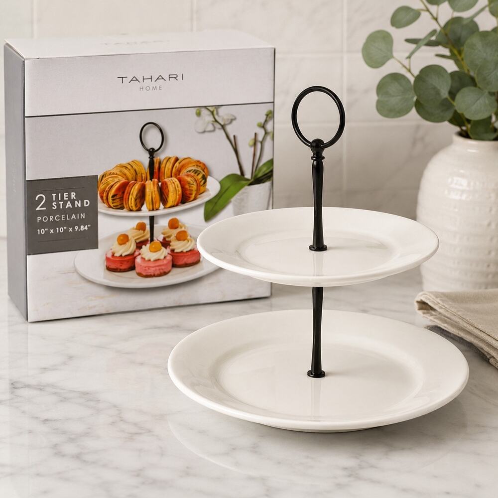 Tahari Home 2-Tier Porcelain Serving Stand 10”x10”x9.84” Dessert Cupcake Display